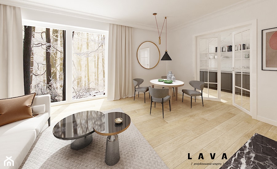 wraz z nadejściem zimy - Duży biały salon z jadalnią z tarasem / balkonem, styl nowoczesny - zdjęcie od LAVA Projektowanie Wnętrz