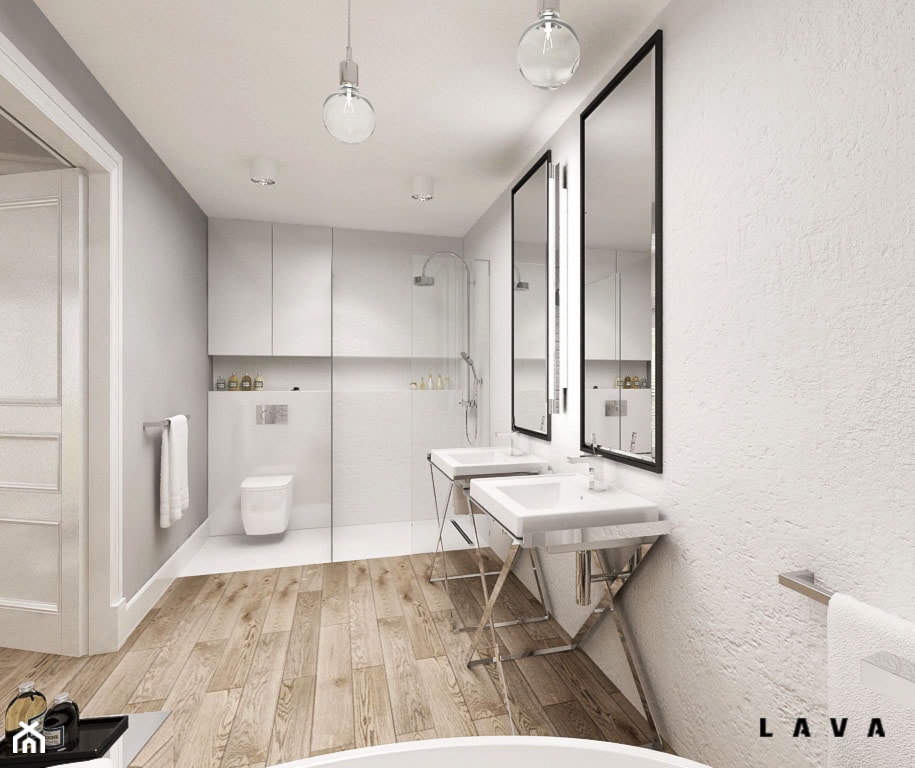 nasycone bielą - Średnia bez okna z dwoma umywalkami z punktowym oświetleniem łazienka, styl skandynawski - zdjęcie od LAVA Projektowanie Wnętrz - Homebook