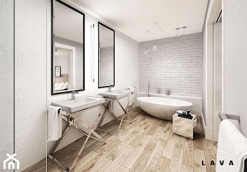 nasycone bielą - Duża bez okna jako pokój kąpielowy z dwoma umywalkami łazienka, styl skandynawski - zdjęcie od LAVA Projektowanie Wnętrz