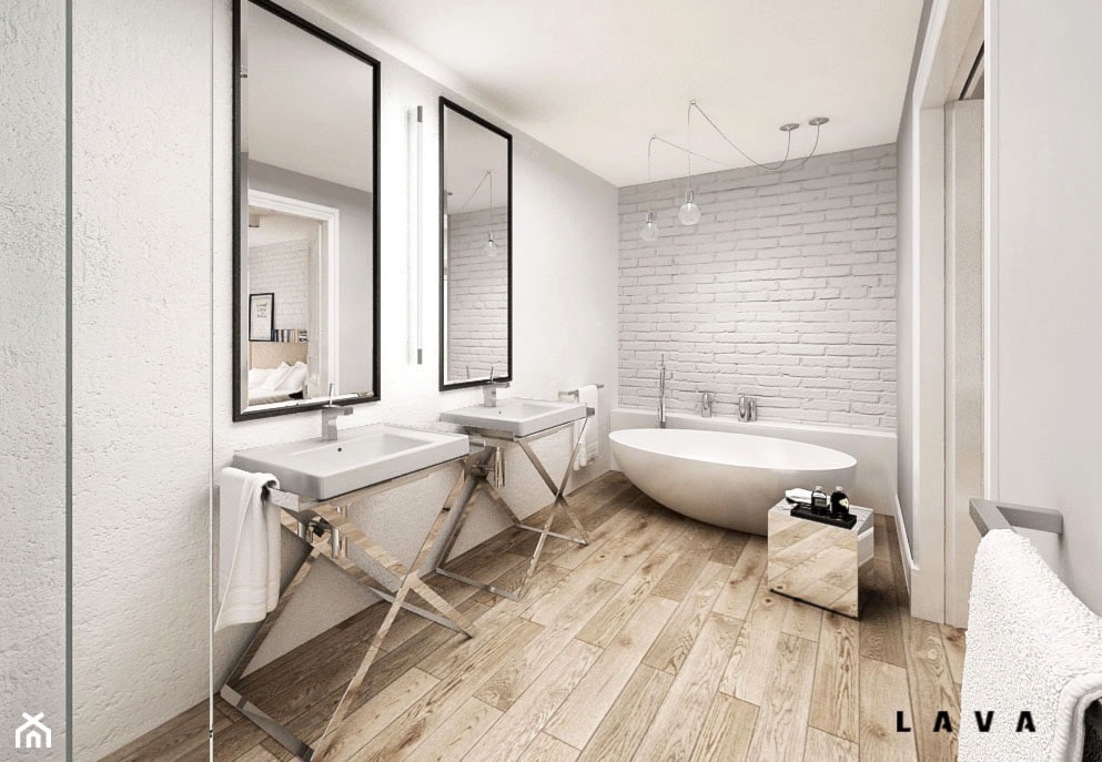 nasycone bielą - Duża bez okna jako pokój kąpielowy z dwoma umywalkami łazienka, styl skandynawski - zdjęcie od LAVA Projektowanie Wnętrz - Homebook