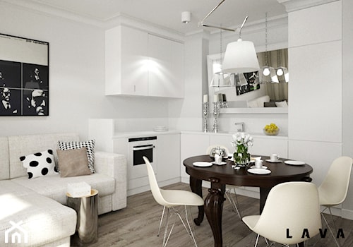 funkcjonalność i sentymenty - Mała otwarta z salonem z kamiennym blatem biała z podblatowym zlewozmywakiem kuchnia w kształcie litery l z marmurem nad blatem kuchennym, styl nowoczesny - zdjęcie od LAVA Projektowanie Wnętrz