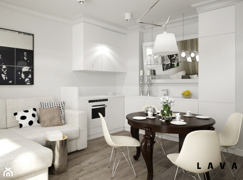 funkcjonalność i sentymenty - Mała otwarta z salonem z kamiennym blatem biała z podblatowym zlewozmywakiem kuchnia w kształcie litery l z marmurem nad blatem kuchennym, styl nowoczesny - zdjęcie od LAVA Projektowanie Wnętrz