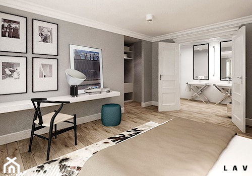 nasycone bielą - Średnia szara sypialnia z łazienką, styl skandynawski - zdjęcie od LAVA Projektowanie Wnętrz