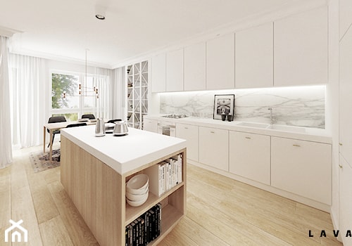 Apartament dla dwojga - Duży biały salon z kuchnią z jadalnią, styl nowoczesny - zdjęcie od LAVA Projektowanie Wnętrz
