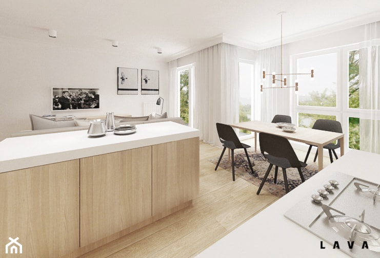 Apartament dla dwojga - Duża otwarta z salonem kuchnia jednorzędowa z wyspą lub półwyspem z oknem, styl nowoczesny - zdjęcie od LAVA Projektowanie Wnętrz