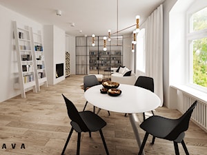 życie salonowe - Duży biały salon z jadalnią z bibiloteczką, styl nowoczesny - zdjęcie od LAVA Projektowanie Wnętrz