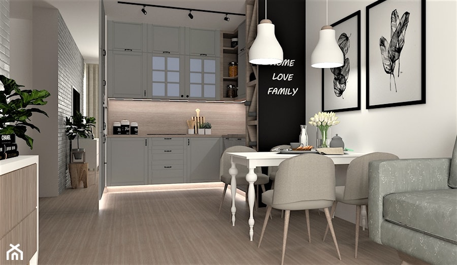 Mieszkanie dla młodego małżeństwa - Mała otwarta z salonem szara z zabudowaną lodówką kuchnia w kształcie litery l, styl skandynawski - zdjęcie od Marlena Wójcik interiors