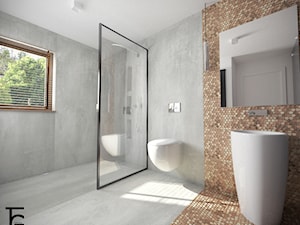 ŁAZIENKA BETON I KAFLE - Duża z punktowym oświetleniem łazienka z oknem, styl minimalistyczny - zdjęcie od TG WNĘTRZA