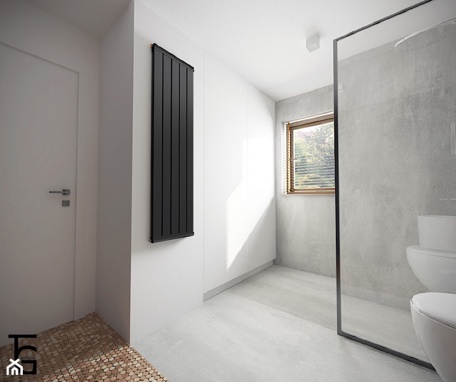 ŁAZIENKA BETON I KAFLE - Średnia z punktowym oświetleniem łazienka z oknem, styl minimalistyczny - zdjęcie od TG WNĘTRZA