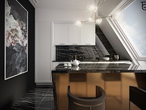 APARTAMENT W WIEDNIU - Średnia otwarta z salonem biała czarna z zabudowaną lodówką z podblatowym zlewozmywakiem kuchnia jednorzędowa z wyspą lub półwyspem z oknem z marmurem nad blatem kuchennym, styl minimalistyczny - zdjęcie od TG WNĘTRZA