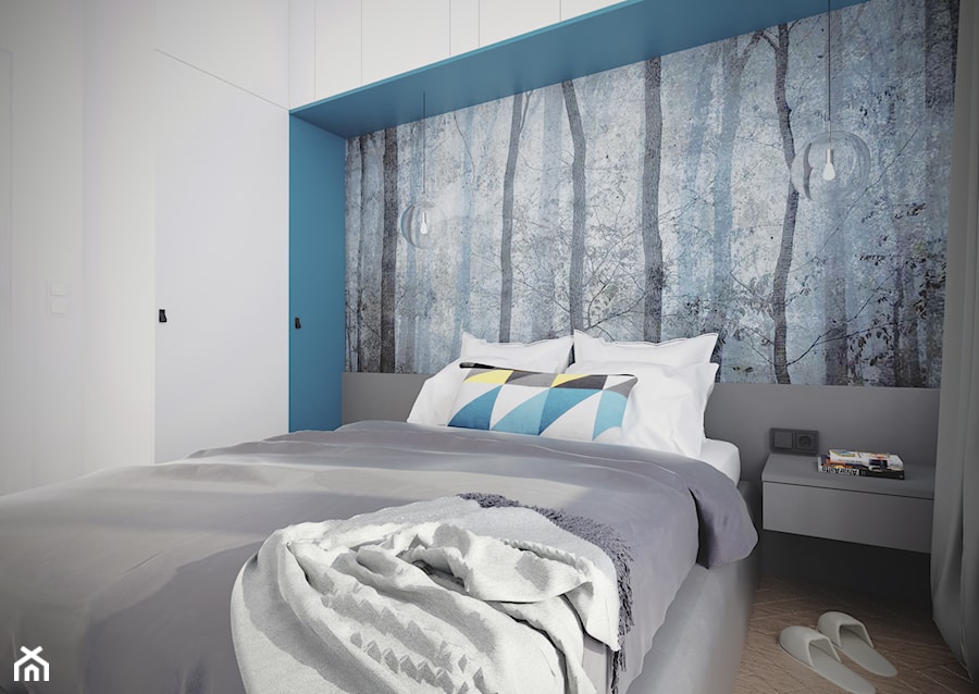 SYPIALNIA W SZAROŚCIACH I BŁĘKITACH - Średnia biała niebieska szara sypialnia, styl nowoczesny - zdjęcie od TG WNĘTRZA