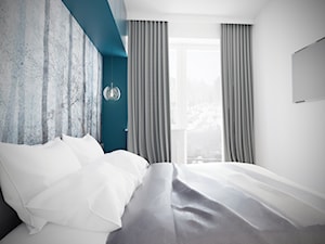 SYPIALNIA W SZAROŚCIACH I BŁĘKITACH - Mała biała szara sypialnia z balkonem / tarasem, styl nowoczesny - zdjęcie od TG WNĘTRZA