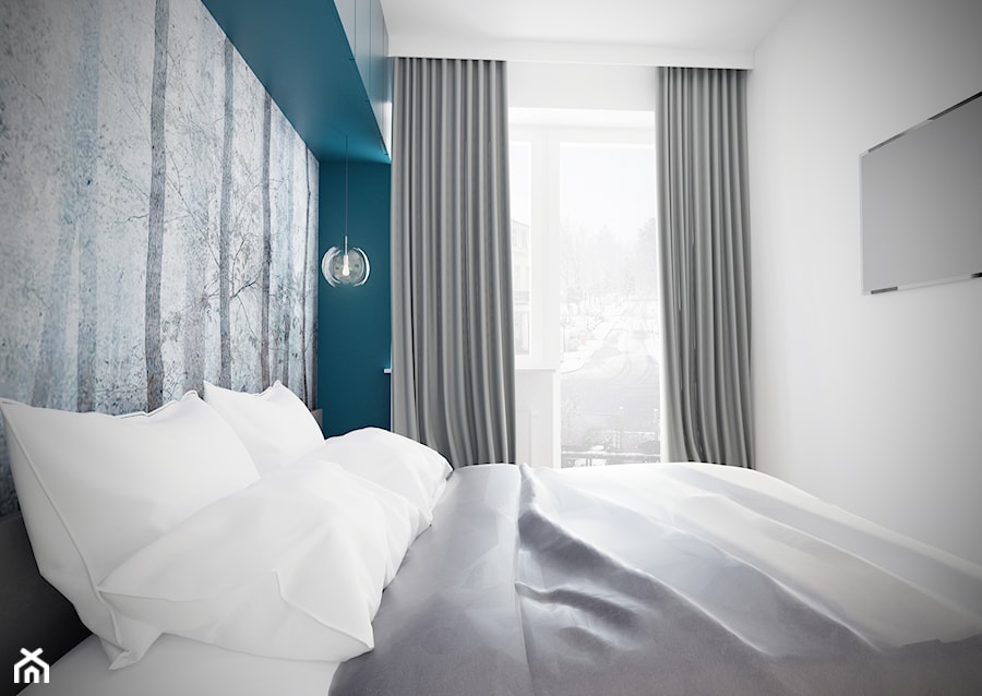 SYPIALNIA W SZAROŚCIACH I BŁĘKITACH - Mała biała szara sypialnia z balkonem / tarasem, styl nowoczesny - zdjęcie od TG WNĘTRZA