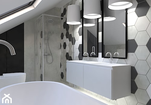 DOM POD LASEM - Średnia na poddaszu z lustrem z dwoma umywalkami łazienka z oknem, styl nowoczesny - zdjęcie od INSIDERS