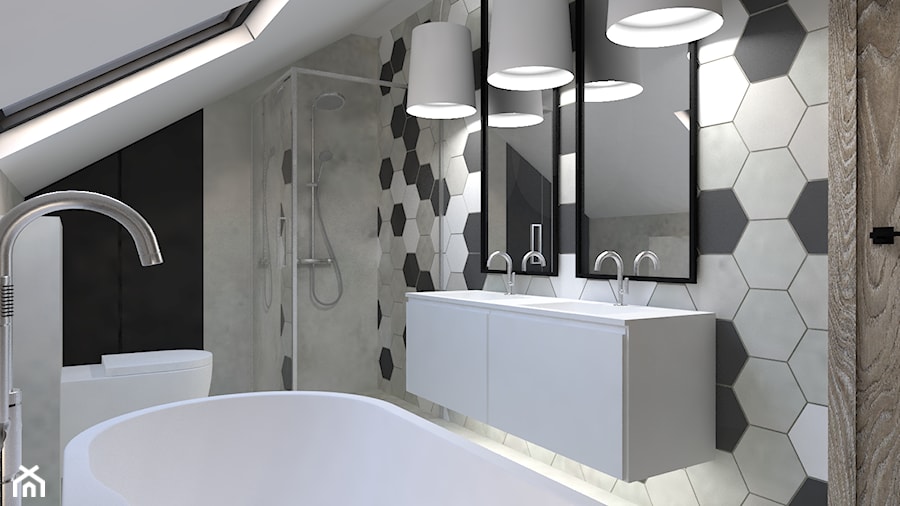 DOM POD LASEM - Średnia na poddaszu z lustrem z dwoma umywalkami łazienka z oknem, styl nowoczesny - zdjęcie od INSIDERS