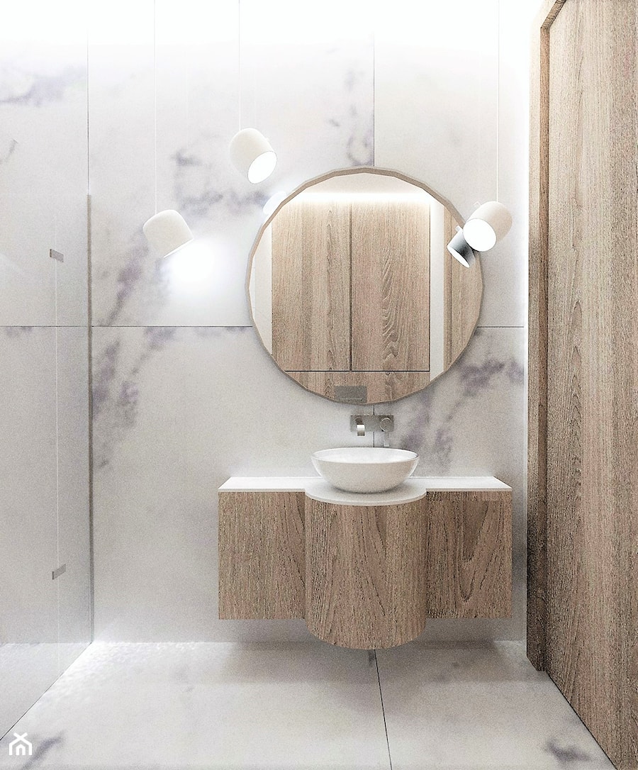 DOM POD LASEM - Mała bez okna z lustrem z marmurową podłogą łazienka, styl nowoczesny - zdjęcie od INSIDERS