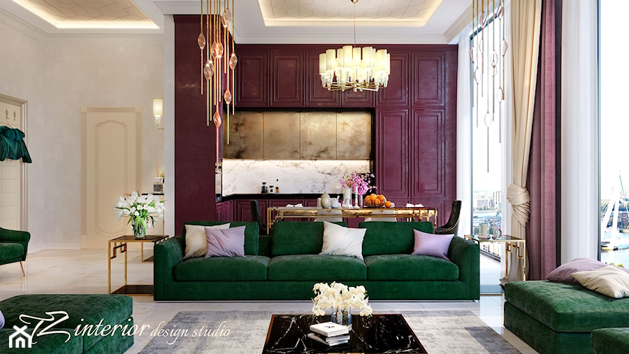It’s all about coziness. - Średni beżowy fioletowy salon z kuchnią z jadalnią z tarasem / balkonem - zdjęcie od tz_interior