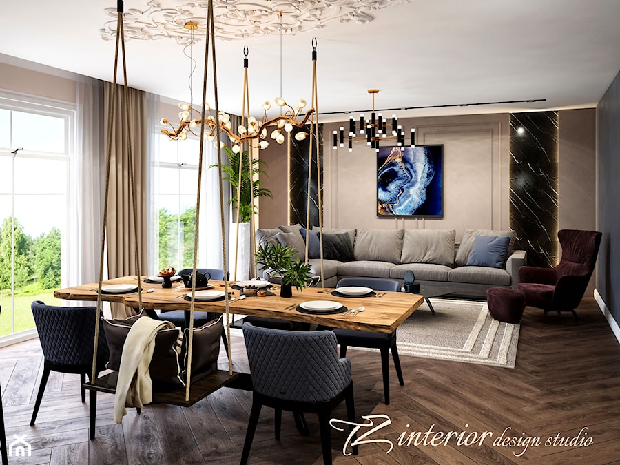 Wouldn’t you love to host a dinner party here? - Duży beżowy szary salon z jadalnią z tarasem / balkonem - zdjęcie od tz_interior