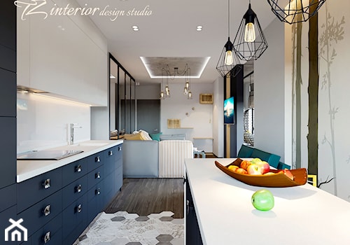 House Interior Design Ideas - Średnia z salonem z kamiennym blatem biała z zabudowaną lodówką z podblatowym zlewozmywakiem kuchnia dwurzędowa - zdjęcie od tz_interior