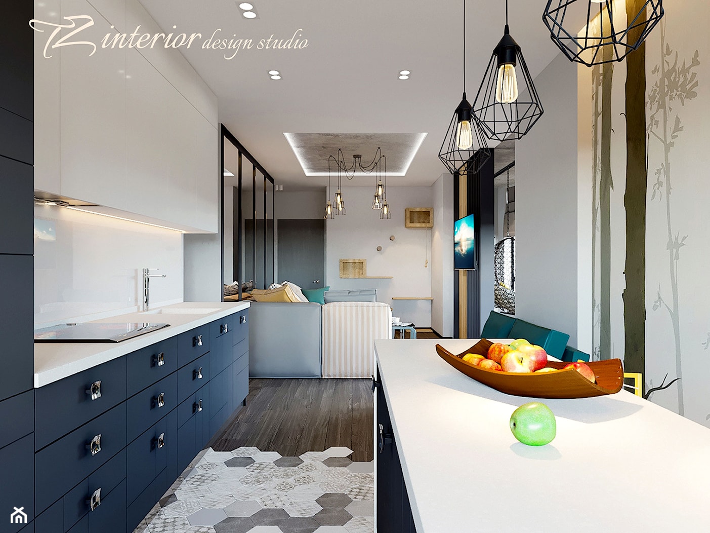 House Interior Design Ideas - Średnia z salonem z kamiennym blatem biała z zabudowaną lodówką z podblatowym zlewozmywakiem kuchnia dwurzędowa - zdjęcie od tz_interior - Homebook