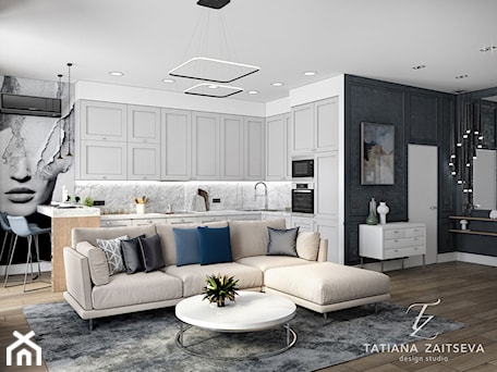 Aranżacje wnętrz - Salon: Start to a beautiful new home from #TZ_interior - Średni biały czarny szary salon z kuchnią z jadalnią - tz_interior. Przeglądaj, dodawaj i zapisuj najlepsze zdjęcia, pomysły i inspiracje designerskie. W bazie mamy już prawie milion fotografii!