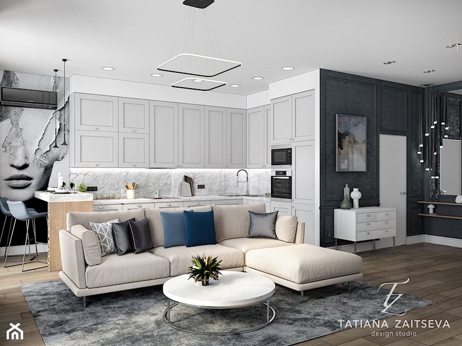 Start to a beautiful new home from #TZ_interior - Średni biały czarny szary salon z kuchnią z jadalnią - zdjęcie od tz_interior
