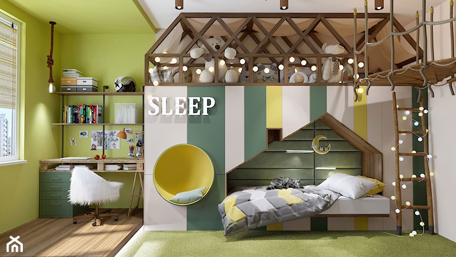 Children room design ideas. - Duży biały zielony żółty pokój dziecka dla dziecka dla dziewczynki - zdjęcie od tz_interior