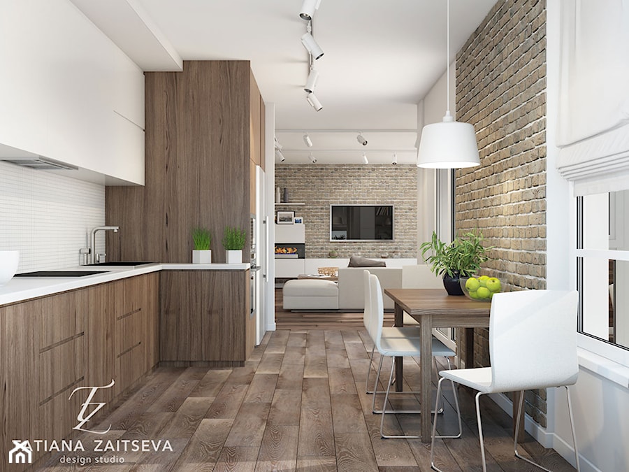 Interior visualization - Średnia otwarta z kamiennym blatem szara z zabudowaną lodówką z nablatowym zlewozmywakiem kuchnia w kształcie litery l z oknem - zdjęcie od tz_interior