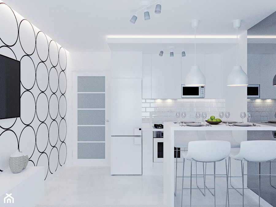 Magnificence White Kitchen Ideas - Mała otwarta z kamiennym blatem biała z zabudowaną lodówką kuchnia dwurzędowa - zdjęcie od tz_interior