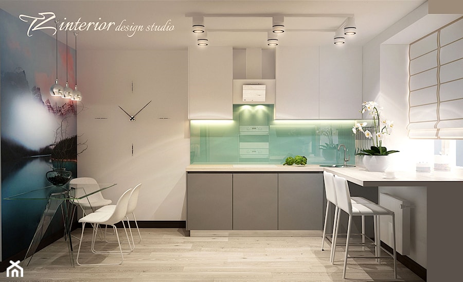 Your home’s design is a creative expression of who you are. - Średnia biała zielona z zabudowaną lodówką z nablatowym zlewozmywakiem kuchnia w kształcie litery l z oknem - zdjęcie od tz_interior