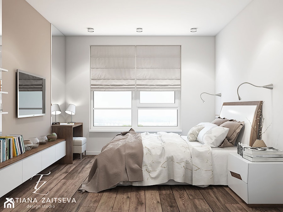Interior visualization - Średnia beżowa biała z biurkiem sypialnia - zdjęcie od tz_interior