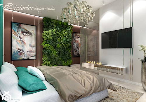 A fun and trendy bedroom designed for a fun and trendy - Średnia brązowa szara zielona sypialnia - zdjęcie od tz_interior