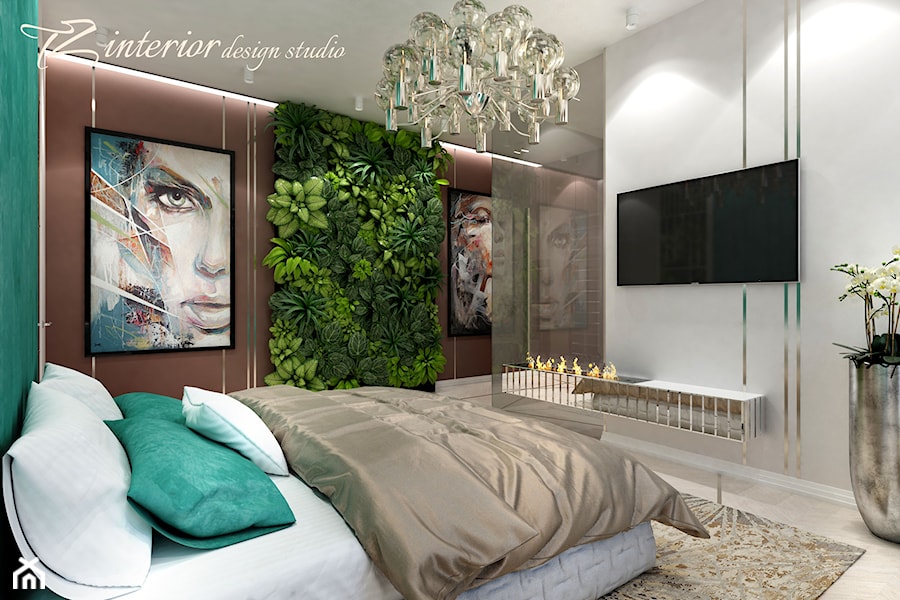 A fun and trendy bedroom designed for a fun and trendy - Średnia brązowa szara zielona sypialnia - zdjęcie od tz_interior