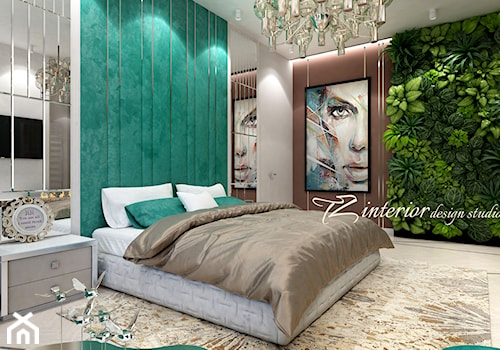 A fun and trendy bedroom designed for a fun and trendy - Duża beżowa biała zielona sypialnia - zdjęcie od tz_interior
