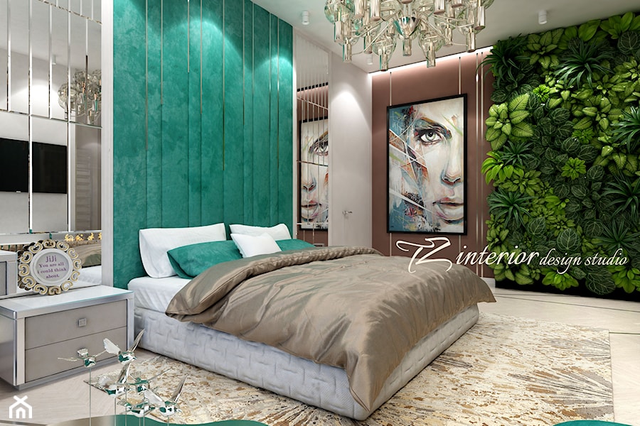 A fun and trendy bedroom designed for a fun and trendy - Duża beżowa biała zielona sypialnia - zdjęcie od tz_interior