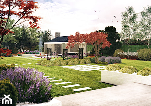 Ogród nowoczesny z paleniskiem - Duży ogród za domem z altaną, styl nowoczesny - zdjęcie od ogrody