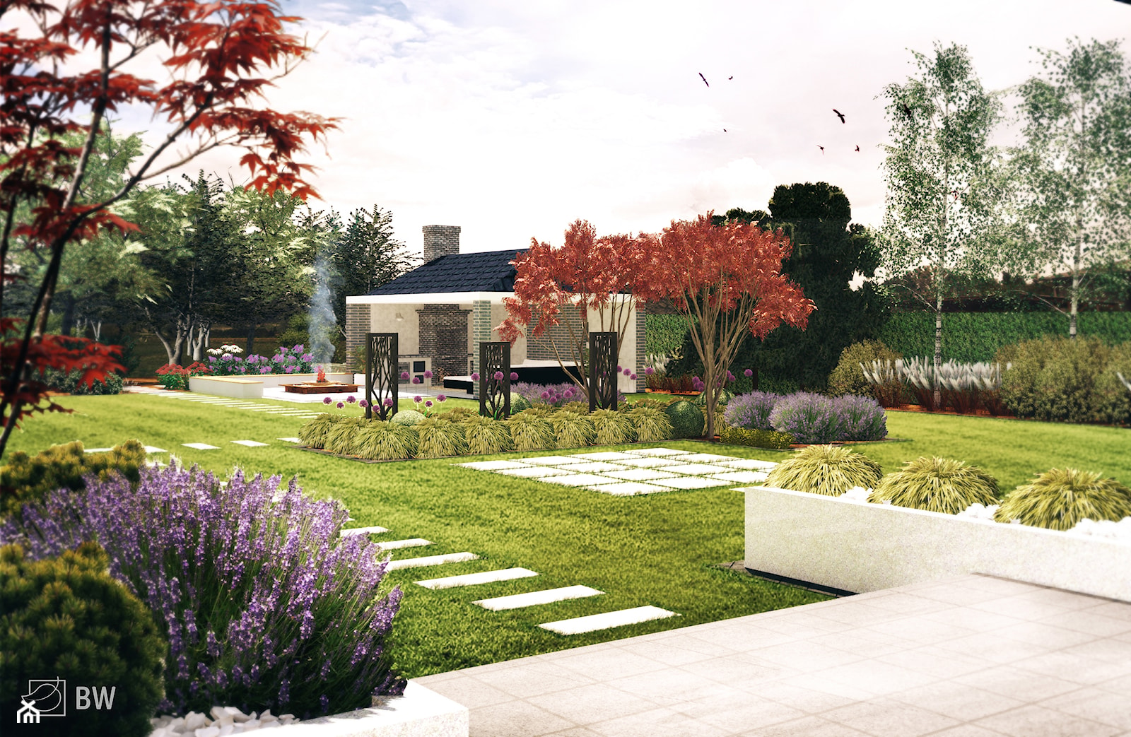 Ogród nowoczesny z paleniskiem - Duży ogród za domem z altaną, styl nowoczesny - zdjęcie od ogrody - Homebook