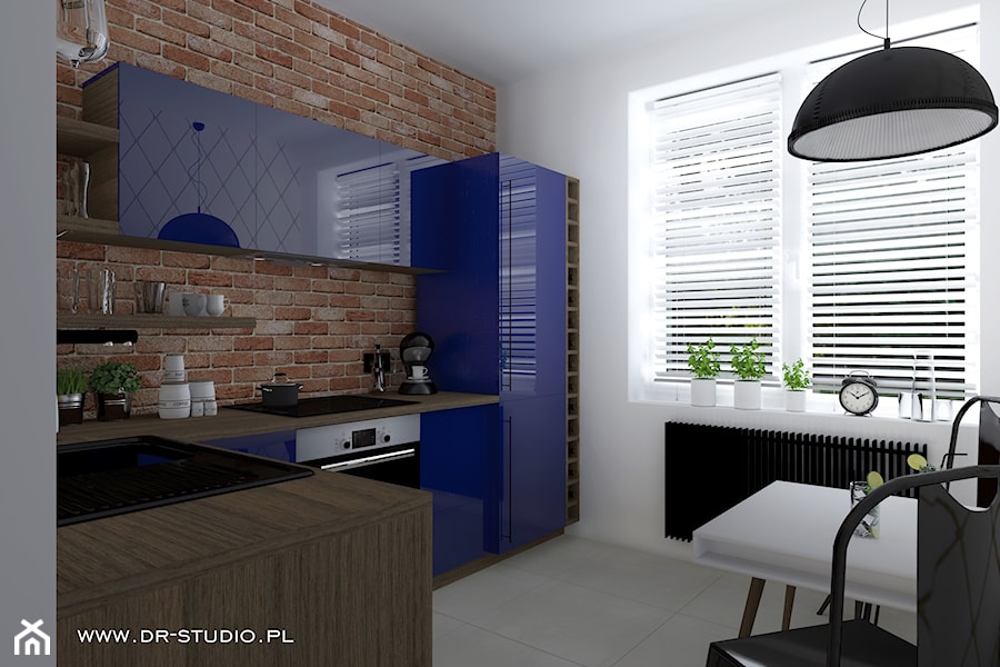 cegła w kuchni, kuchnia niebieska - zdjęcie od DR-STUDIO