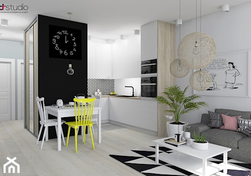 mieszkanie w stylu skandynawskim 70m2 - Mała otwarta z salonem z zabudowaną lodówką kuchnia w kształcie litery l, styl skandynawski - zdjęcie od DR-STUDIO