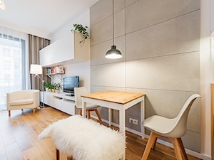 Apartament w Wilanowie - Średni biały szary salon z jadalnią, styl skandynawski - zdjęcie od Fotownętrza