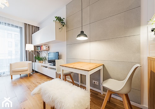 Apartament w Wilanowie - Średni biały szary salon z jadalnią, styl skandynawski - zdjęcie od Fotownętrza
