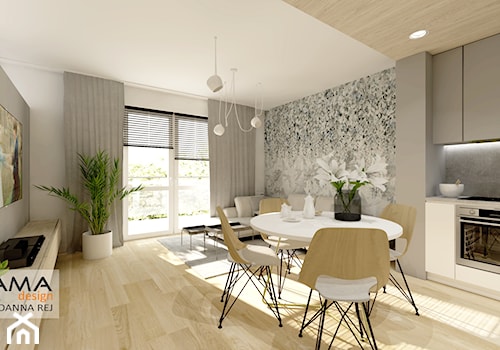 3 pokojowe 57,38 m2 - Duża szara jadalnia w salonie, styl skandynawski - zdjęcie od Gama Design