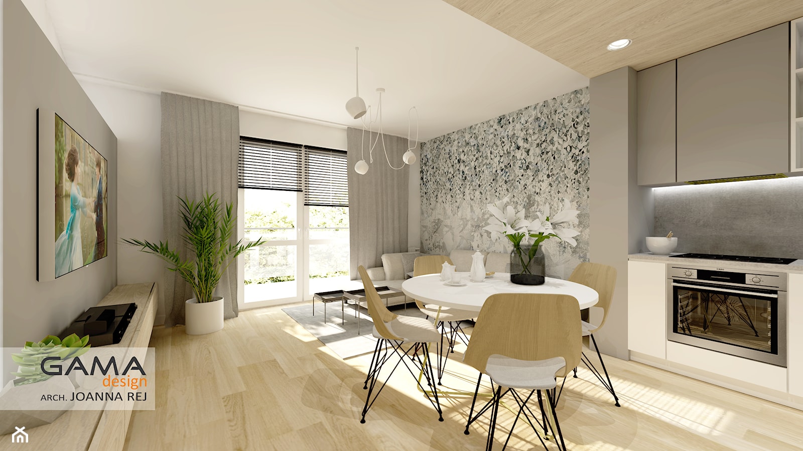 3 pokojowe 57,38 m2 - Duża szara jadalnia w salonie, styl skandynawski - zdjęcie od Gama Design - Homebook