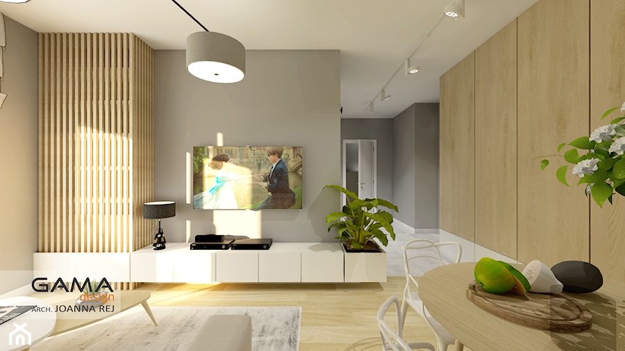 47 m2 - 2 pokoje - Średni szary salon z jadalnią, styl skandynawski - zdjęcie od Gama Design