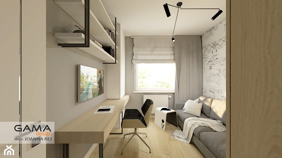 47 m2 - 2 pokoje - Mała szara z biurkiem sypialnia, styl skandynawski - zdjęcie od Gama Design