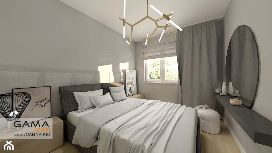 3 pokojowe 57,38 m2 - Duża biała szara sypialnia, styl skandynawski - zdjęcie od Gama Design