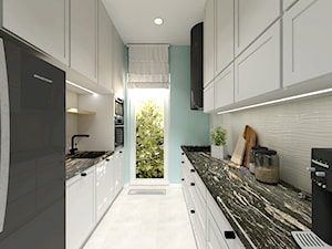 Stylizowane wnętrza - Duża zamknięta niebieska szara z zabudowaną lodówką z lodówką wolnostojącą z podblatowym zlewozmywakiem kuchnia dwurzędowa z oknem, styl nowoczesny - zdjęcie od Gama Design