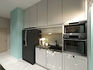 Stylizowane wnętrza - Średnia zamknięta niebieska szara z zabudowaną lodówką z lodówką wolnostojącą z podblatowym zlewozmywakiem kuchnia jednorzędowa z oknem, styl nowoczesny - zdjęcie od Gama Design