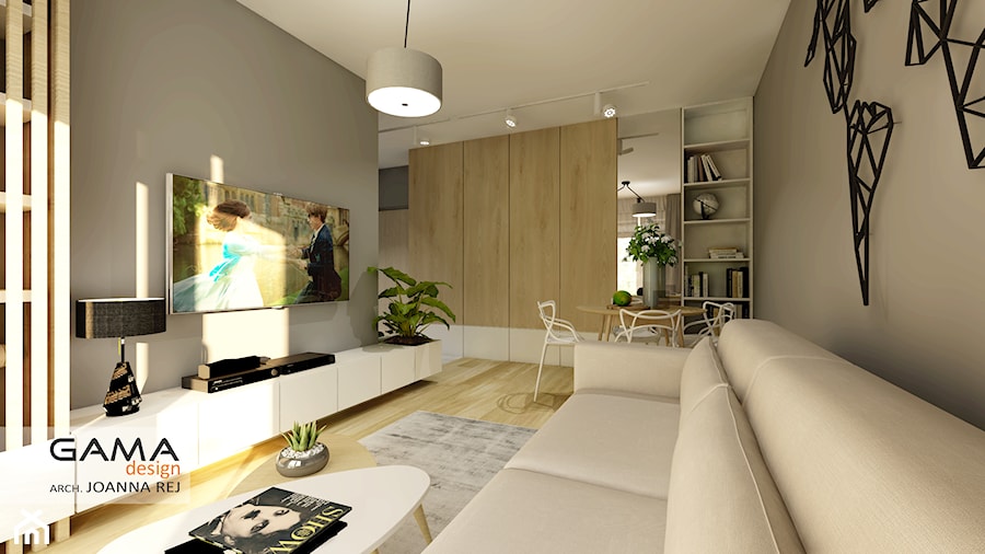 47 m2 - 2 pokoje - Średni beżowy szary salon z jadalnią, styl skandynawski - zdjęcie od Gama Design