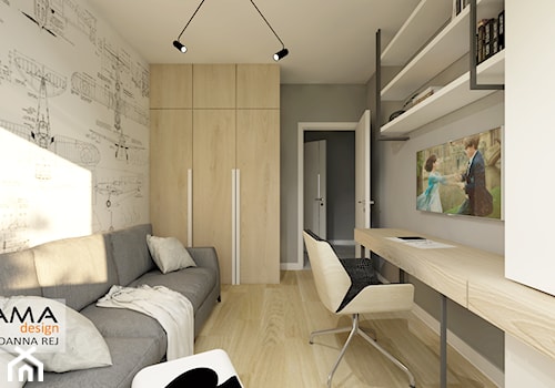 47 m2 - 2 pokoje - Średnia biała szara z biurkiem sypialnia, styl skandynawski - zdjęcie od Gama Design